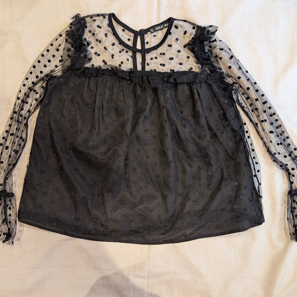 Black mesh polka dot dress shirt